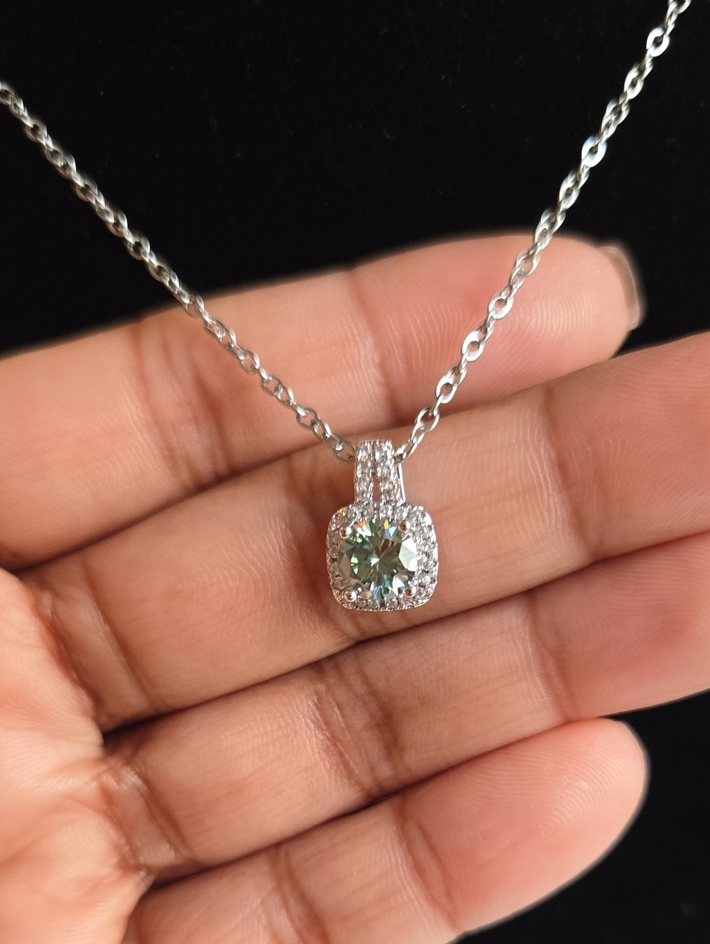 Sterling Silver Green Crystal Square Moissanite Pendant Necklace